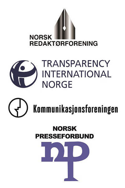 Logoer: Norsk redaktørforening, Transparency International Norge, Kommunikasjonsforeningen, Norsk Presseforbund