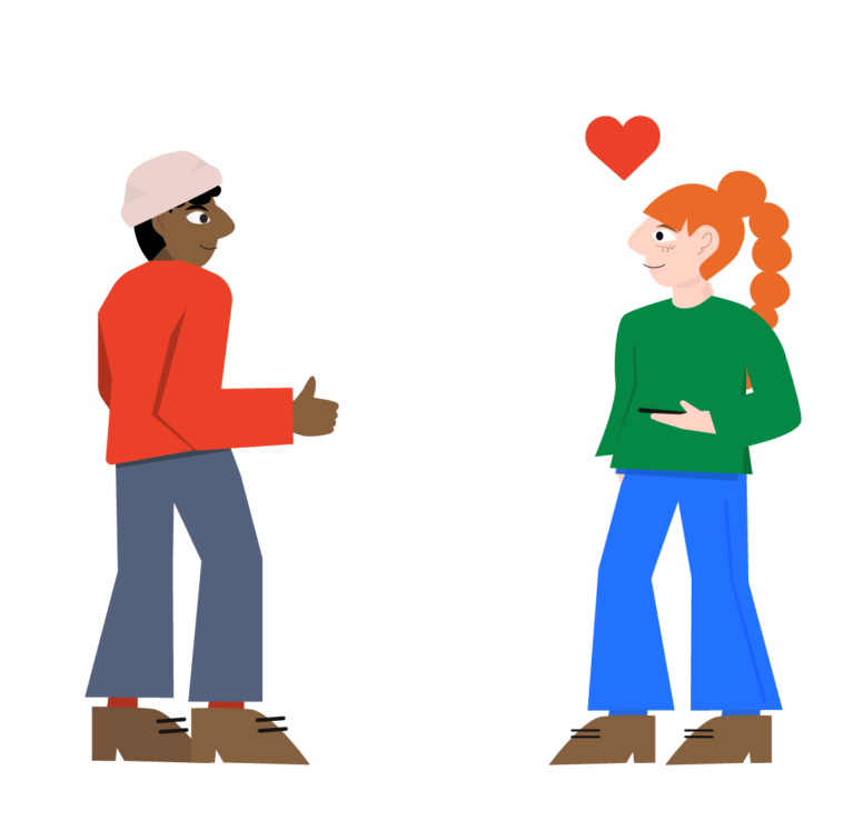 Illustrasjon: To mennesker ser på hverandre. En gir tommel opp, den andre har telefonen i hånden og "tenker" et hjerte. 