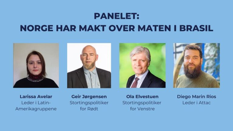 I panelet: - Larissa Avelar, Leder i Latin-Amerikagruppene i Norge - Geir Jørgensen, Stortingspolitiker for Rødt - Ola Elvestuen, Stortingspolitiker for Venstre - Diego Marin Rios, Leder i Attac