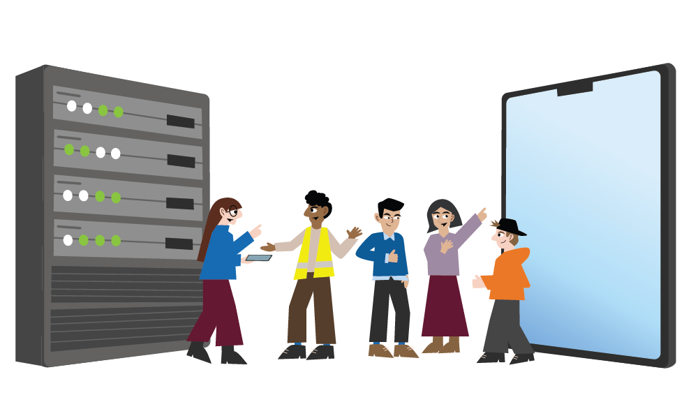 Illustrasjon: Utviklere, lærere og elev diskuterer mens de står mellom en server og kjempestort nettbrett