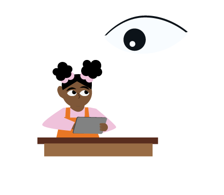 Illustrasjon: skolejente sitter ved en pult. Et stort øye ser ned på henne.